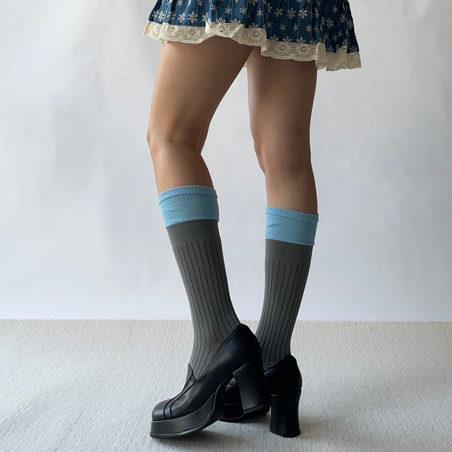 Blue+Grey Cotton Knee High Socks