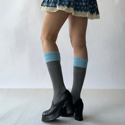 Blue+Grey Cotton Knee High Socks