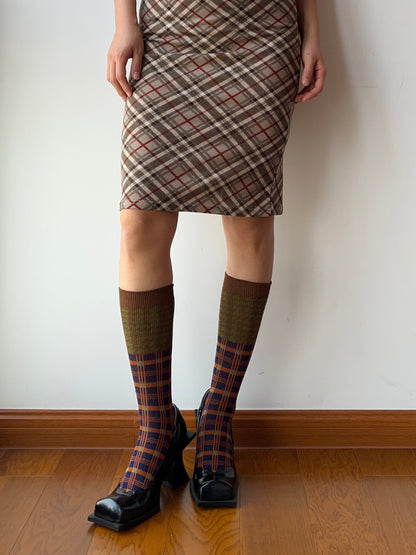 Olive Green+Dark Blue Double Knitting Knee High Socks