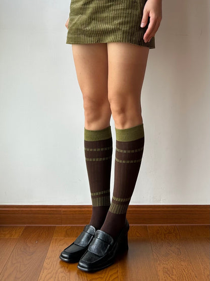 Brown Stripe Cotton Knee High Socks