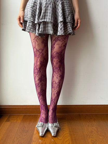 Purple Floral Pattern Fishnet Tights