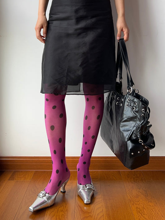 20D Purple Polka Dots 360 Degree Print Tights