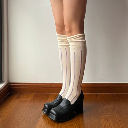 Beige Stripe Cotton Over the Knee Socks
