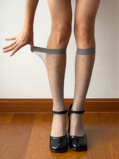 Grey Polka Dots Sheer Knee High Socks