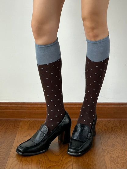 Dark Brown+Blue Contrasting Knee High Socks