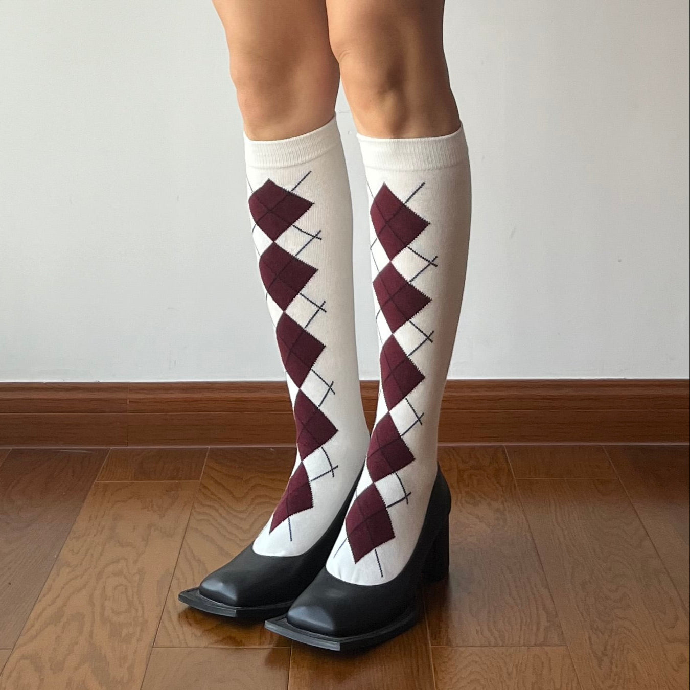 White Check Pattern Cotton Knee High Socks