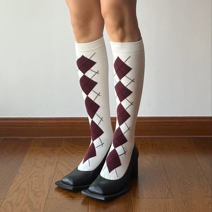 White Check Pattern Cotton Knee High Socks