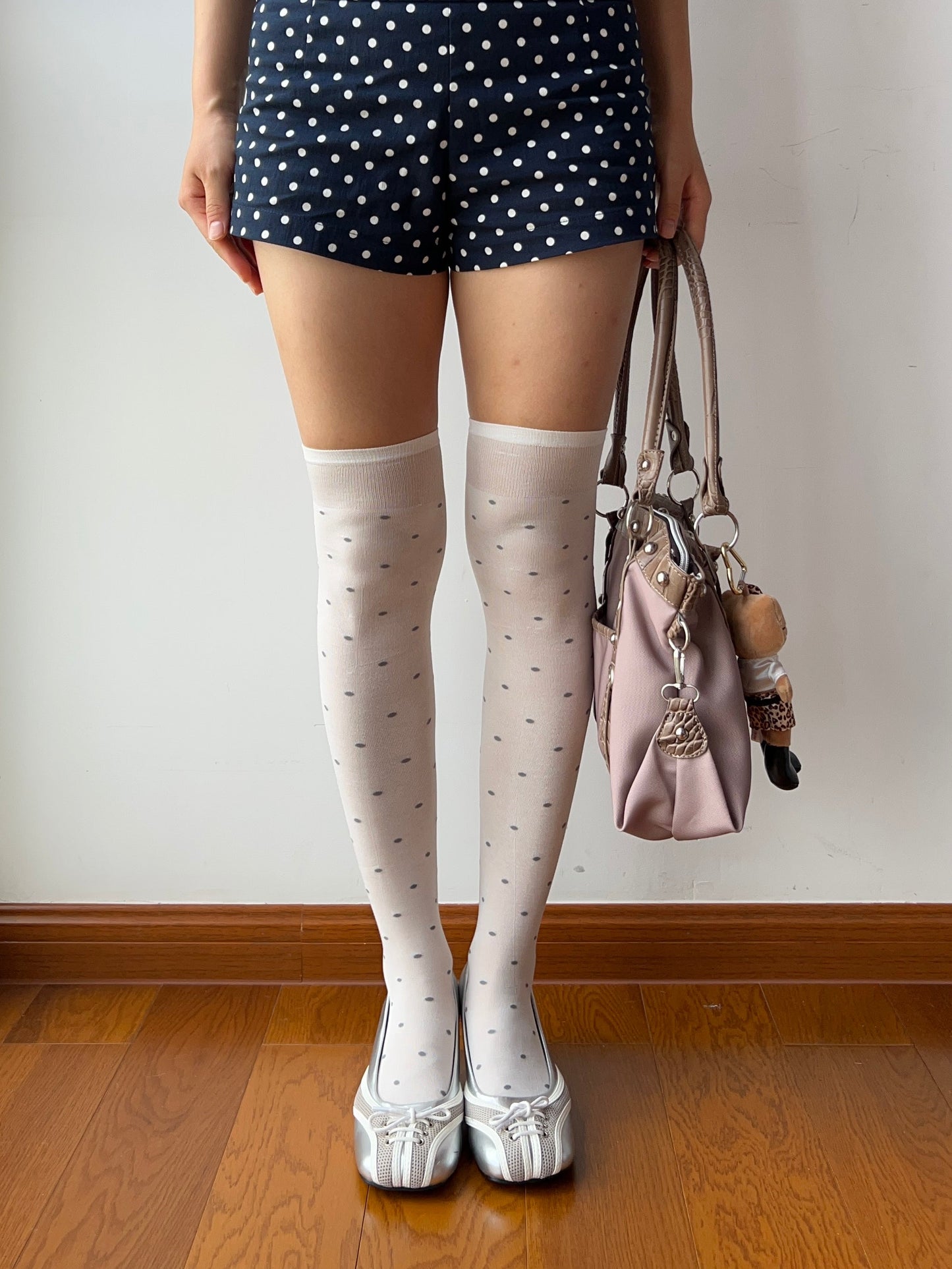 White Polka Dots 240N Modal Over The Knee Socks