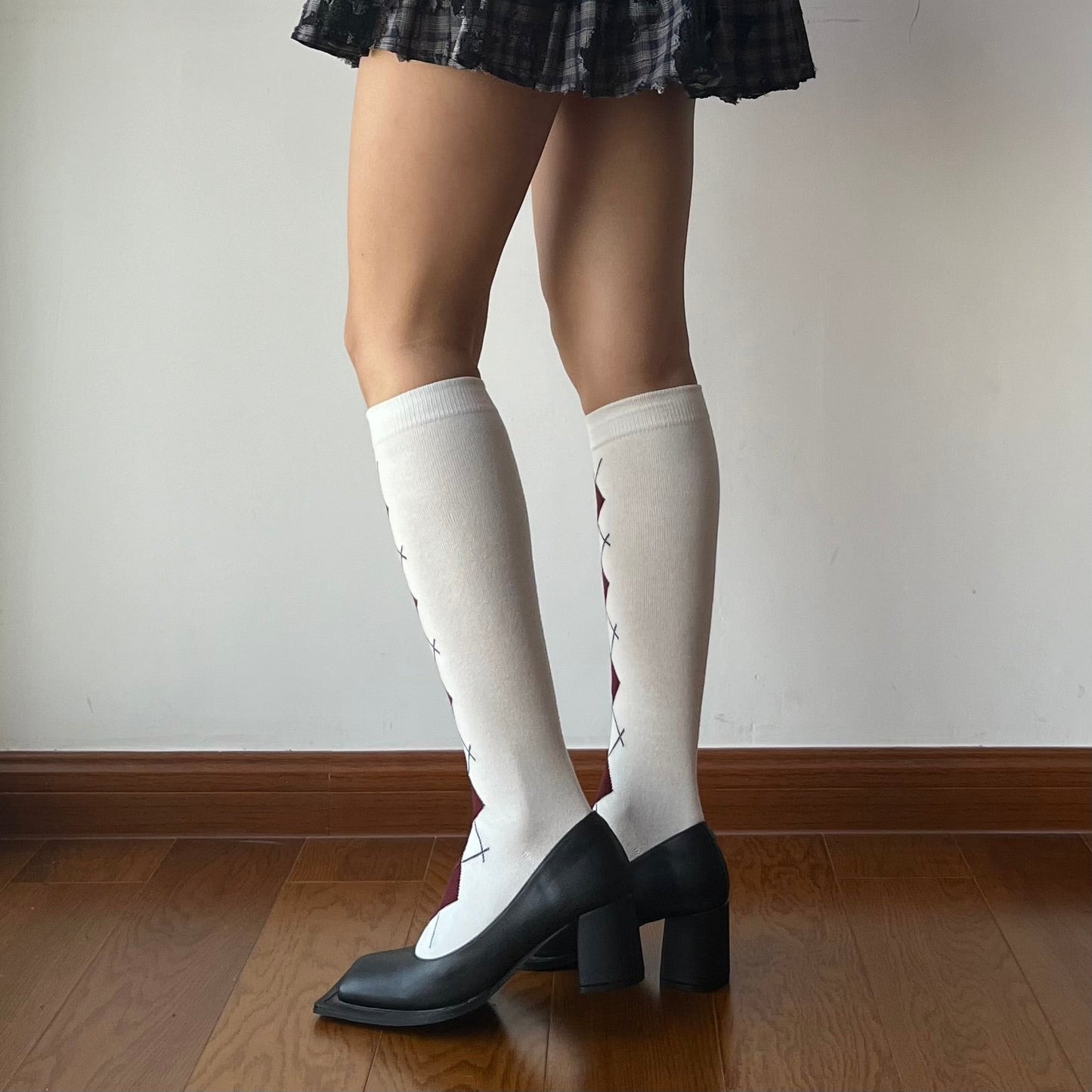 White Check Pattern Cotton Knee High Socks