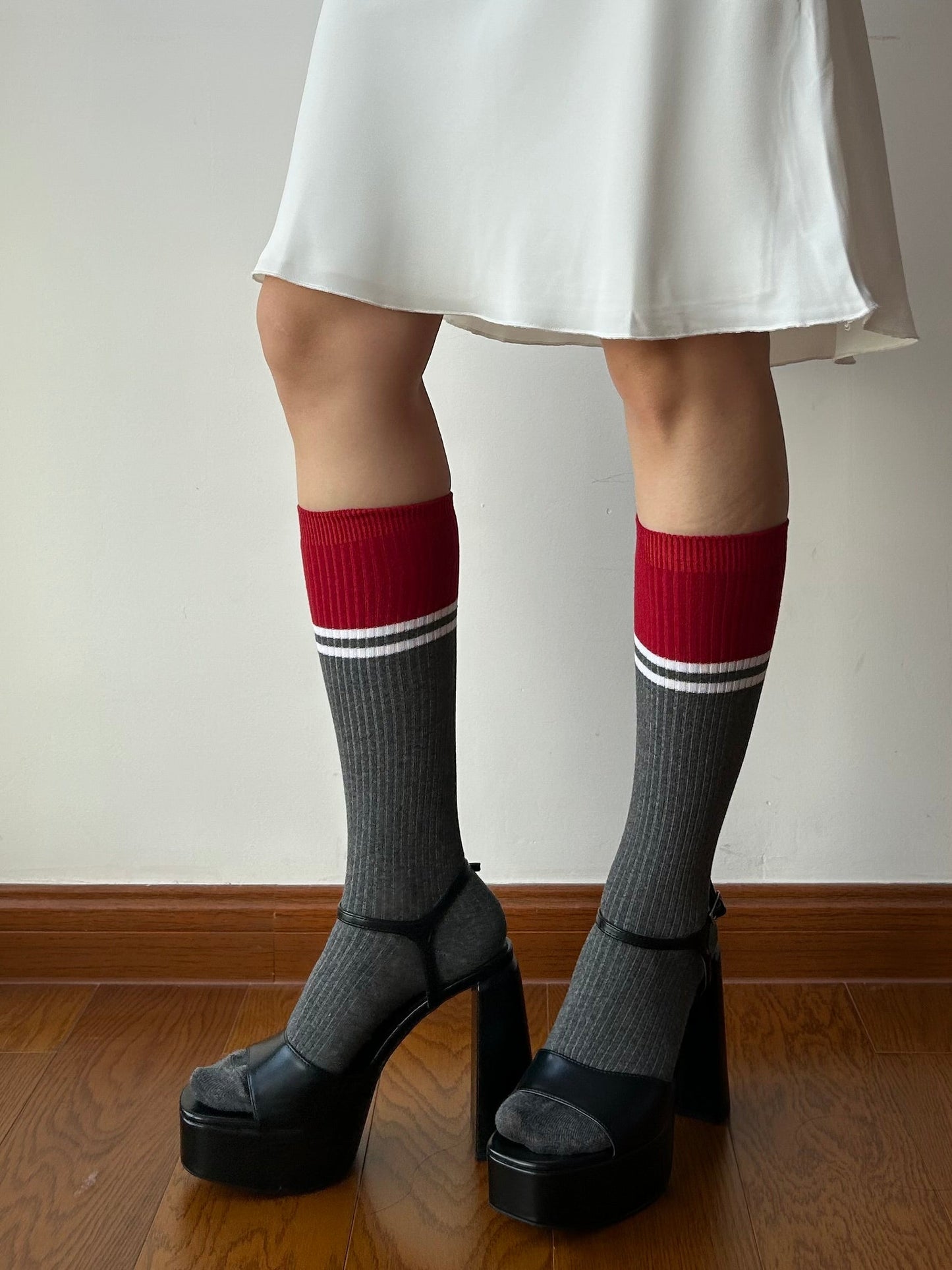 Red + Grey Cotton Knee High Socks