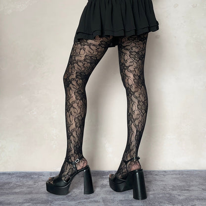 Black Floral Pattern Fishnet Tights
