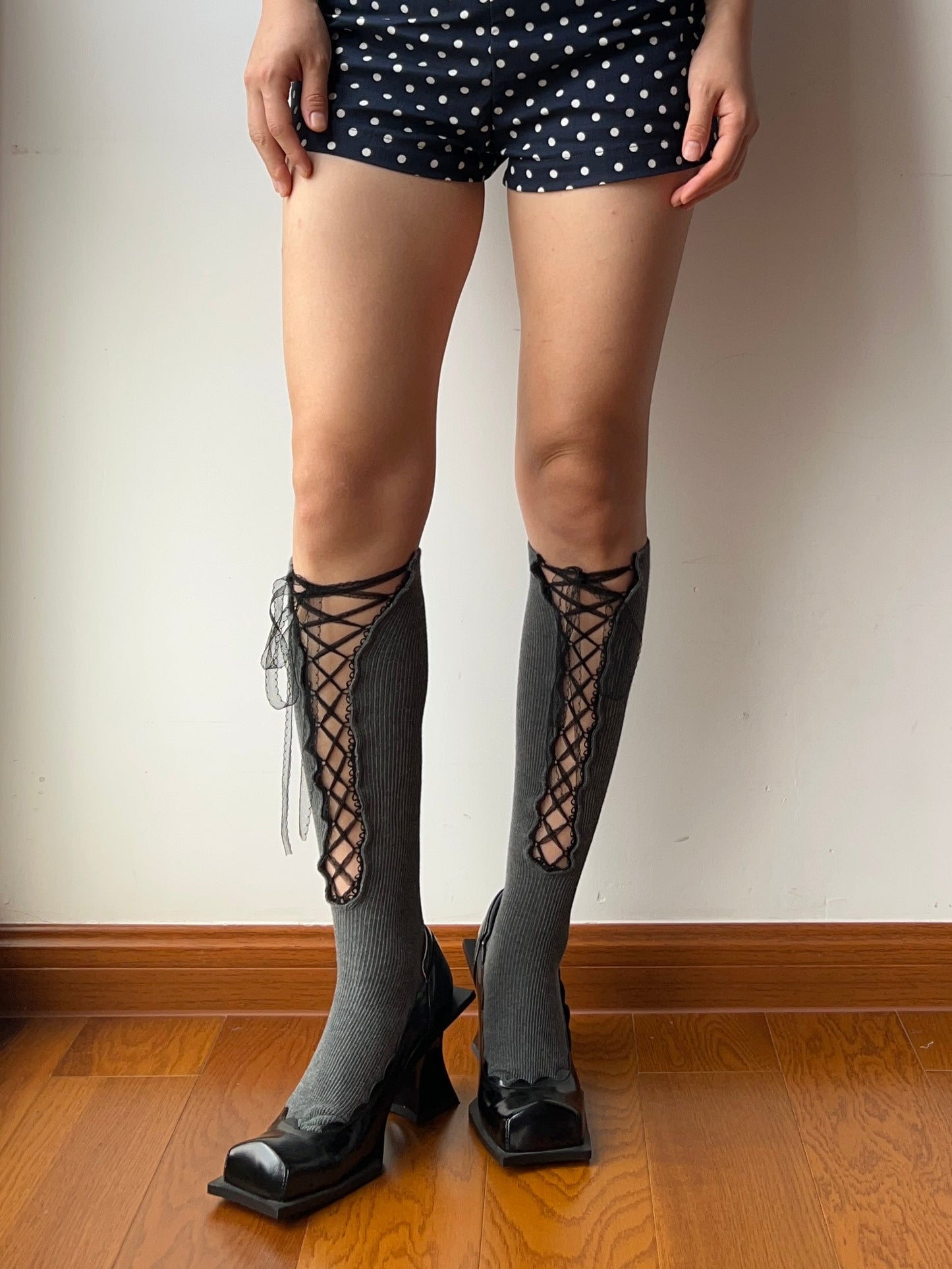 Grey Lace Up Knee High Socks