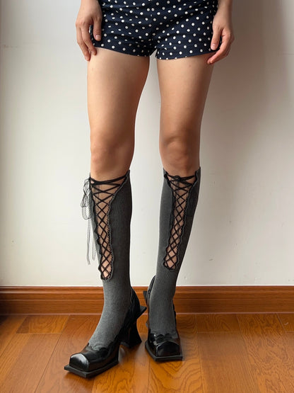 Grey Lace Up Knee High Socks