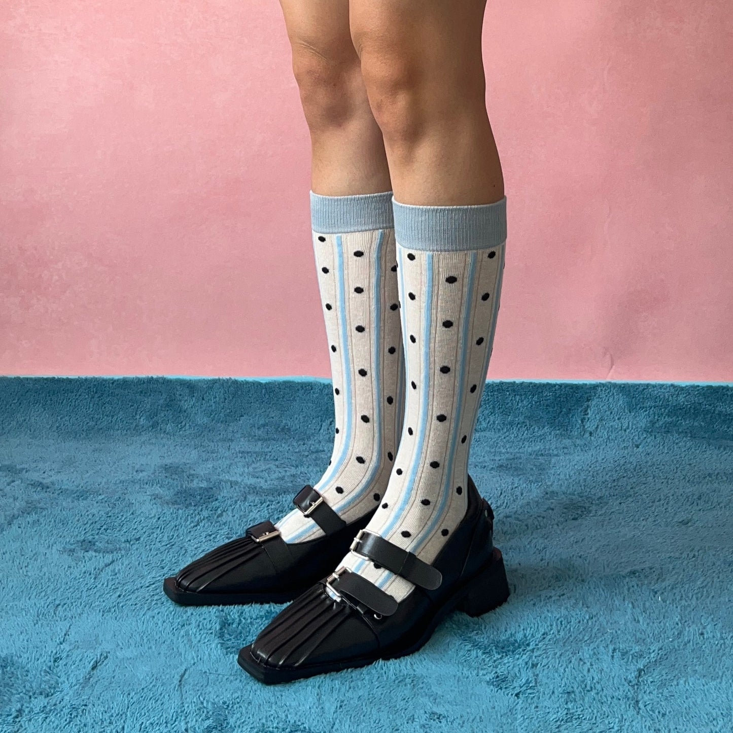 Blue Polka Dots Stripe Cotton Knee High Socks