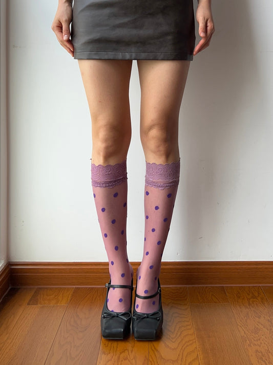 Purple Lace Edge Polka Dots Sheer Knee High Socks