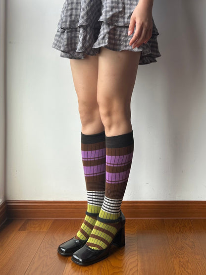 Olive Green+ Purple Stripe Cotton Knee High Socks