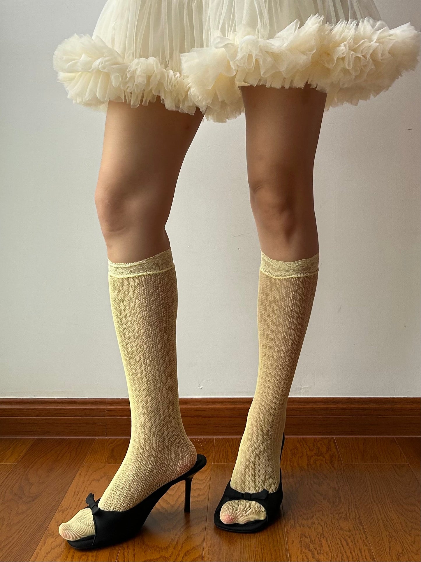 Yellow Lace Edge Fishnet Knee High Socks