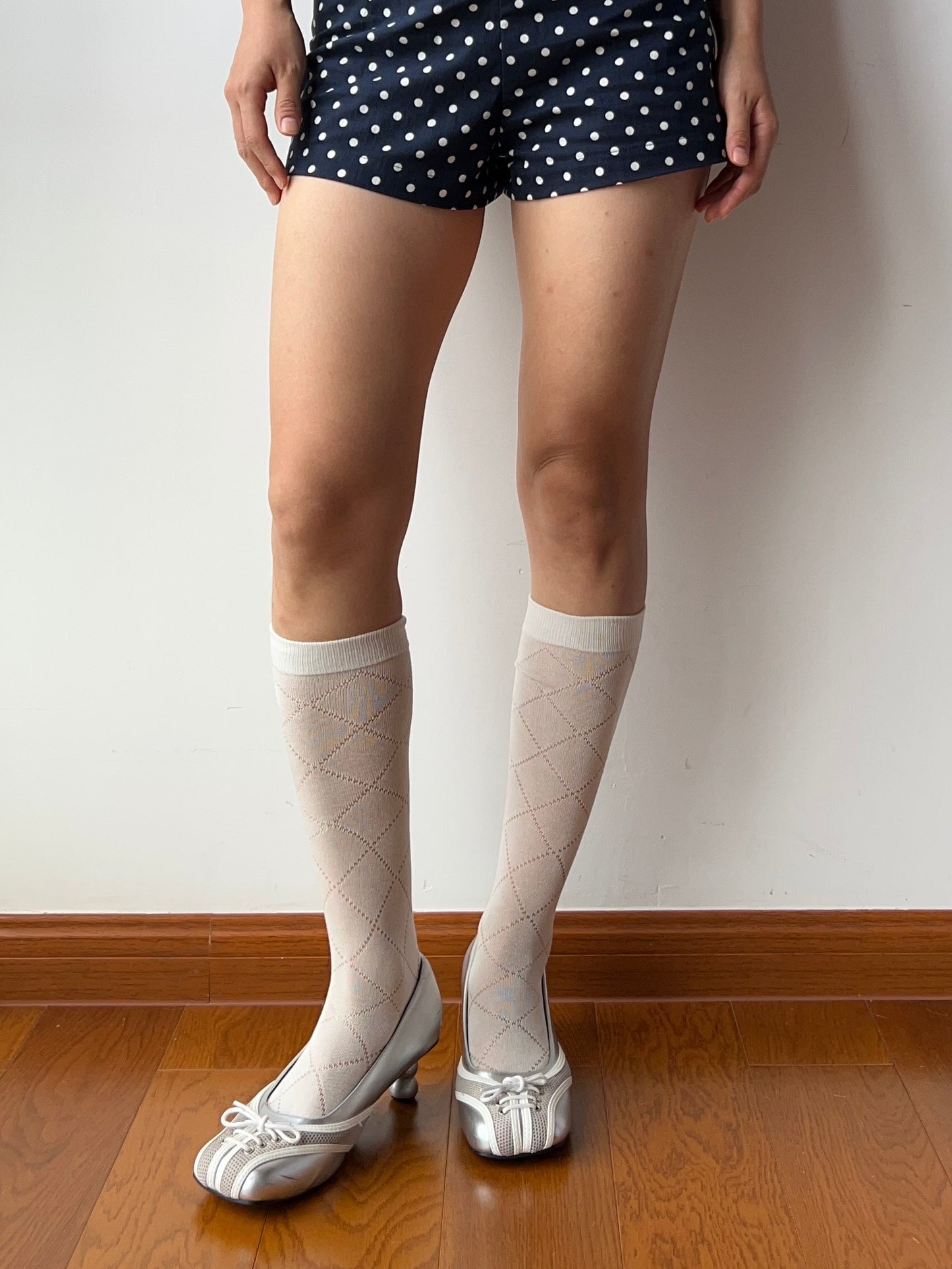 White Check Pattern Knee High Socks