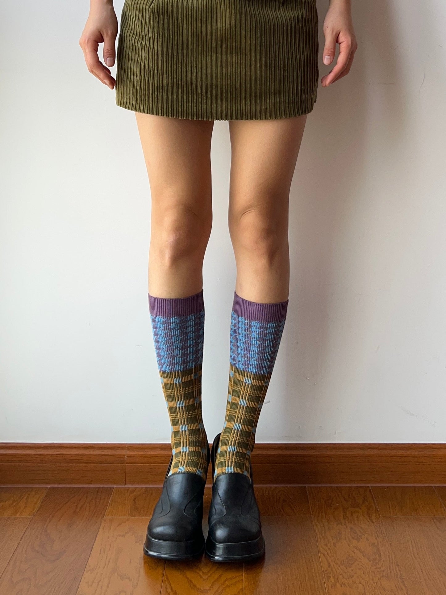 Blue+Olive Green Double Knitting Knee High Socks