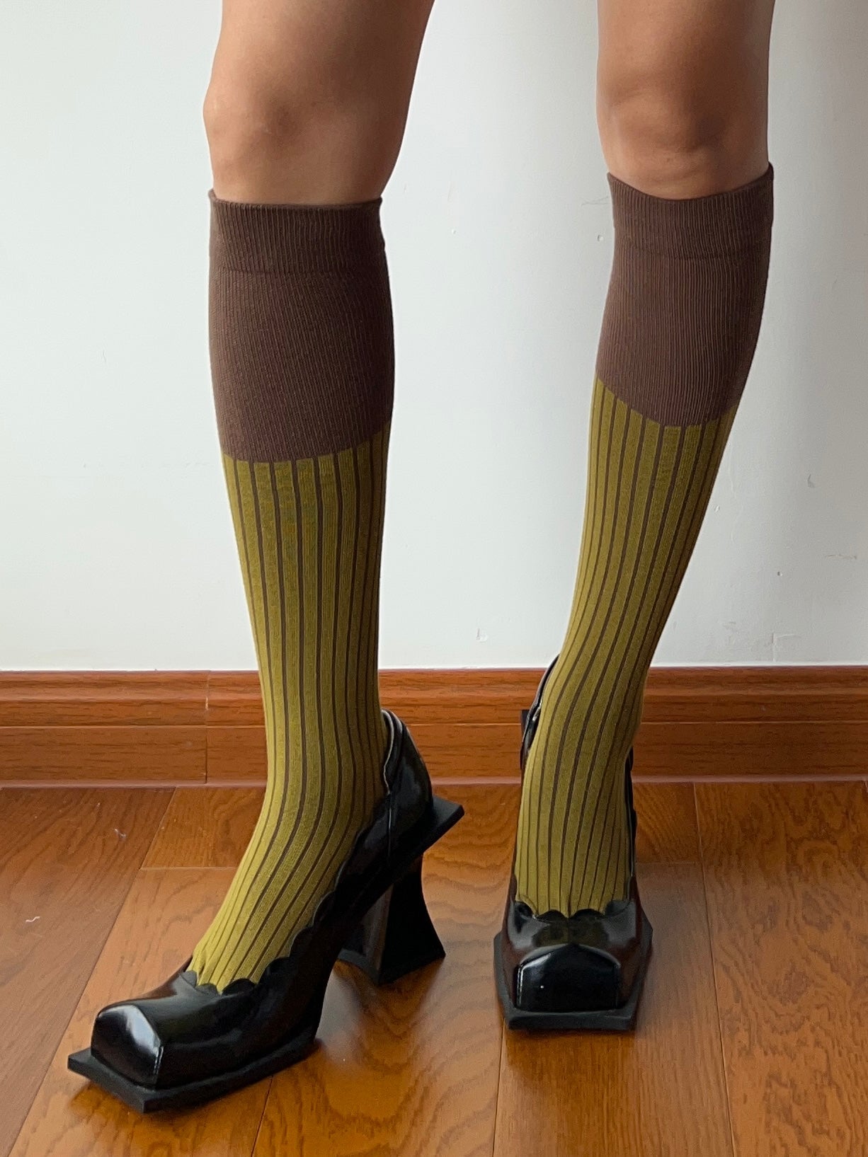 Yellow Green Contrasting Cotton Knee High Socks