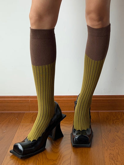 Yellow Green Contrasting Cotton Knee High Socks