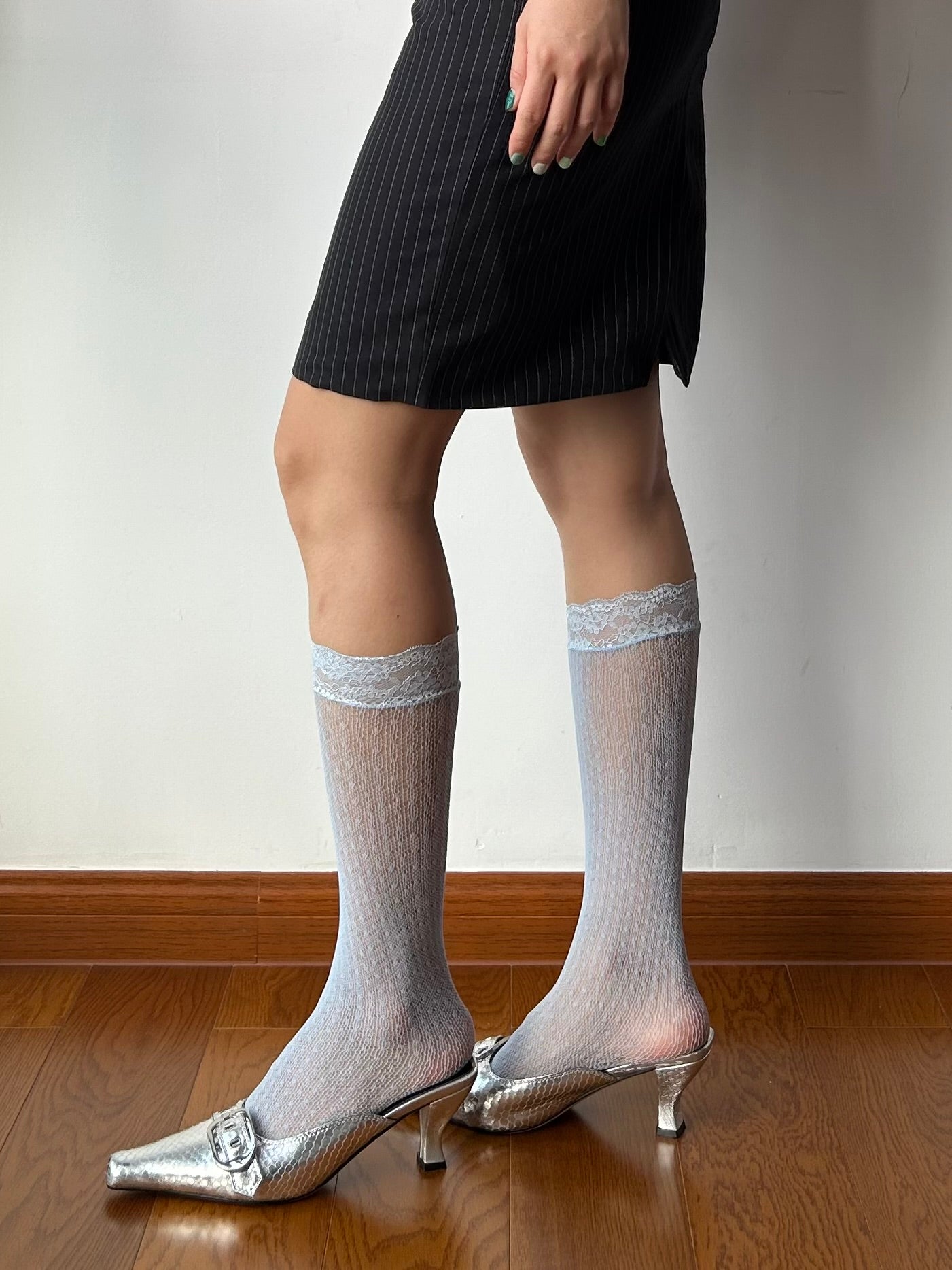 Dusty Blue Lace Edge Fishnet Knee High Socks