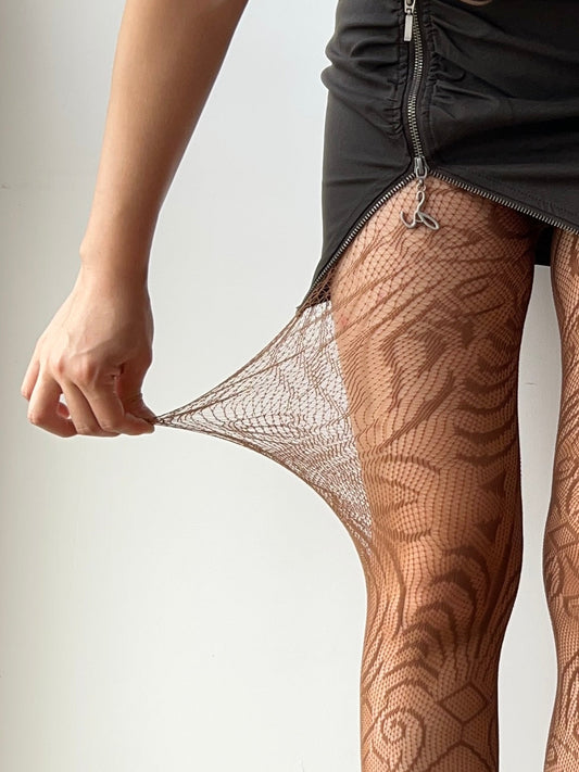 Brown Floral Pattern Fishnet Tights