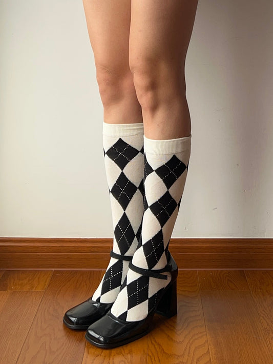 White Check Pattern Knee High Socks