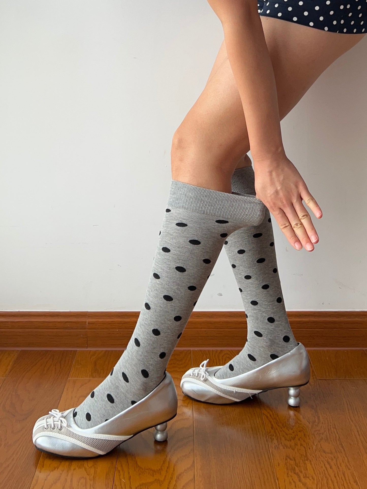 Gray Polka Dots Cotton Knee High Socks