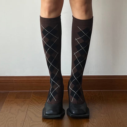 Brown Check Pattern Cotton Knee High Socks