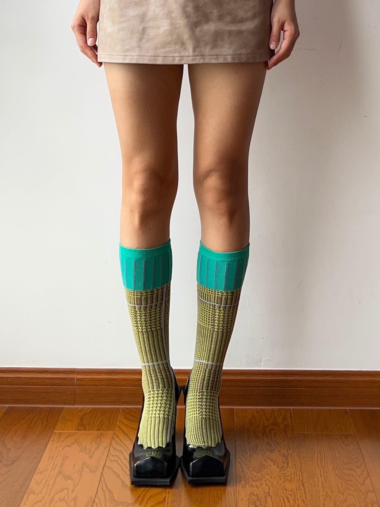 Mint Green + Yellow Cotton Knee High Socks
