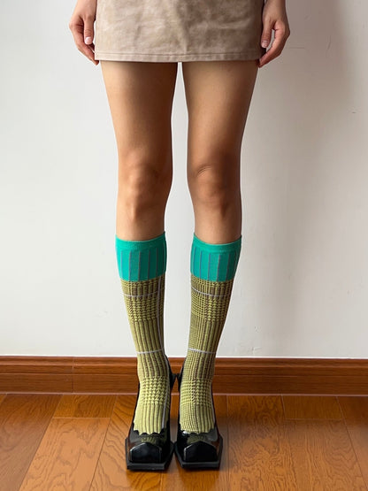 Mint Green + Yellow Cotton Knee High Socks