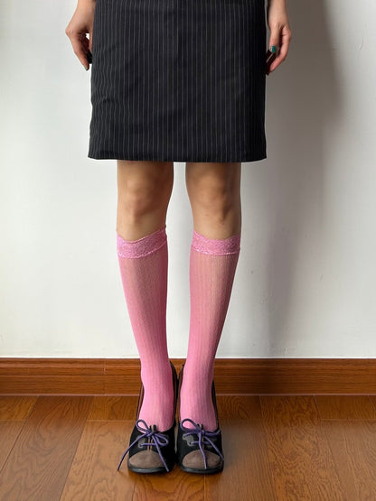 Raspberry Lace Edge Fishnet Knee High Socks