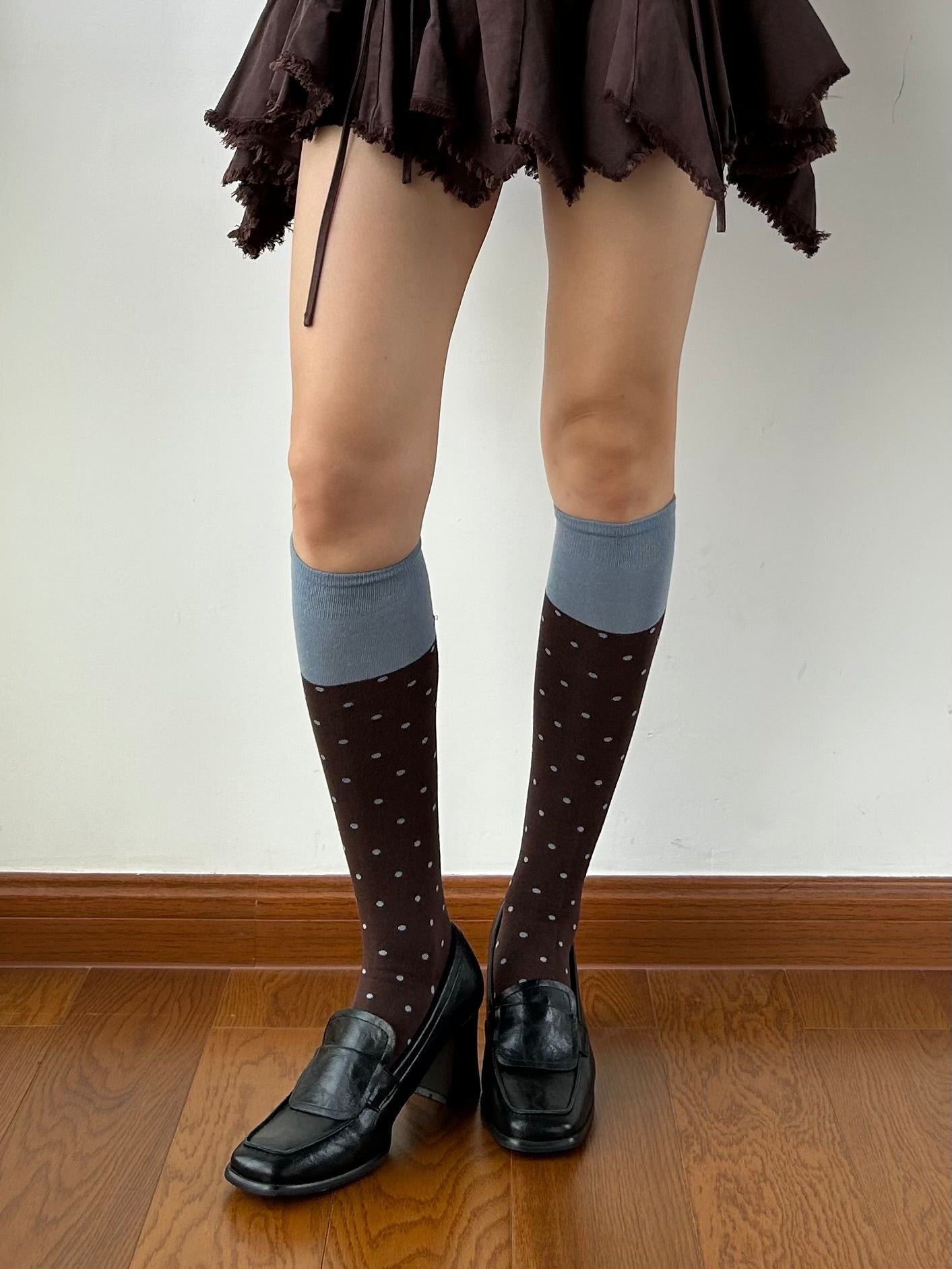 Dark Brown+Blue Contrasting Knee High Socks
