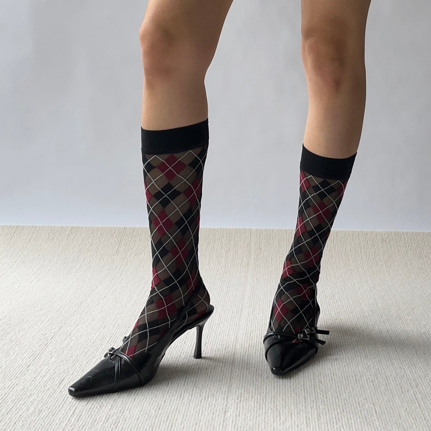 Red Check Pattern Sheer Knee High Socks