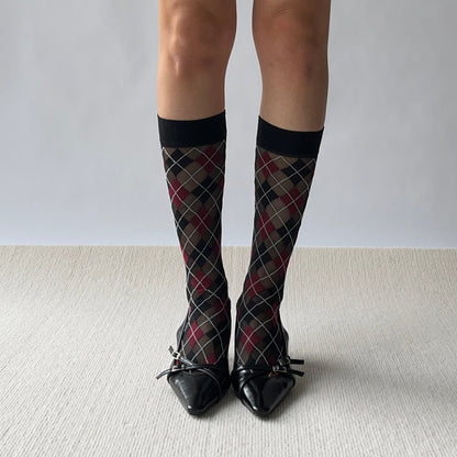Red Check Pattern Sheer Knee High Socks