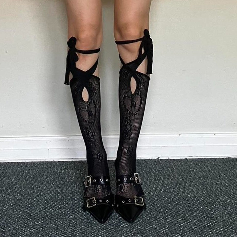 Black Lace Up Fishnet Knee High Socks