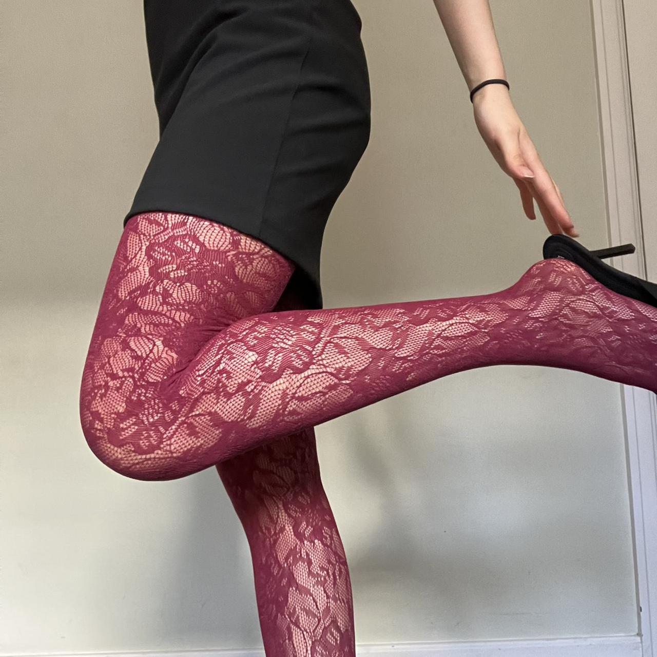 Burgundy Floral Pattern Fishnet Tights