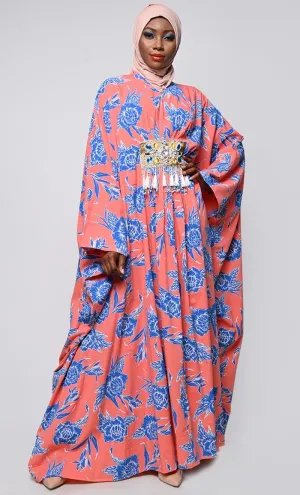 Contrasted Floral Printed Applique Work Detailing Full Flairy Kaftan