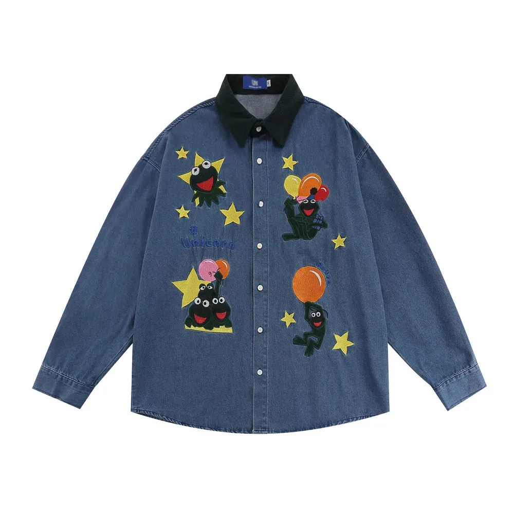 Retro Casual Denim Shirts with Frog Embroidery and Patchwork